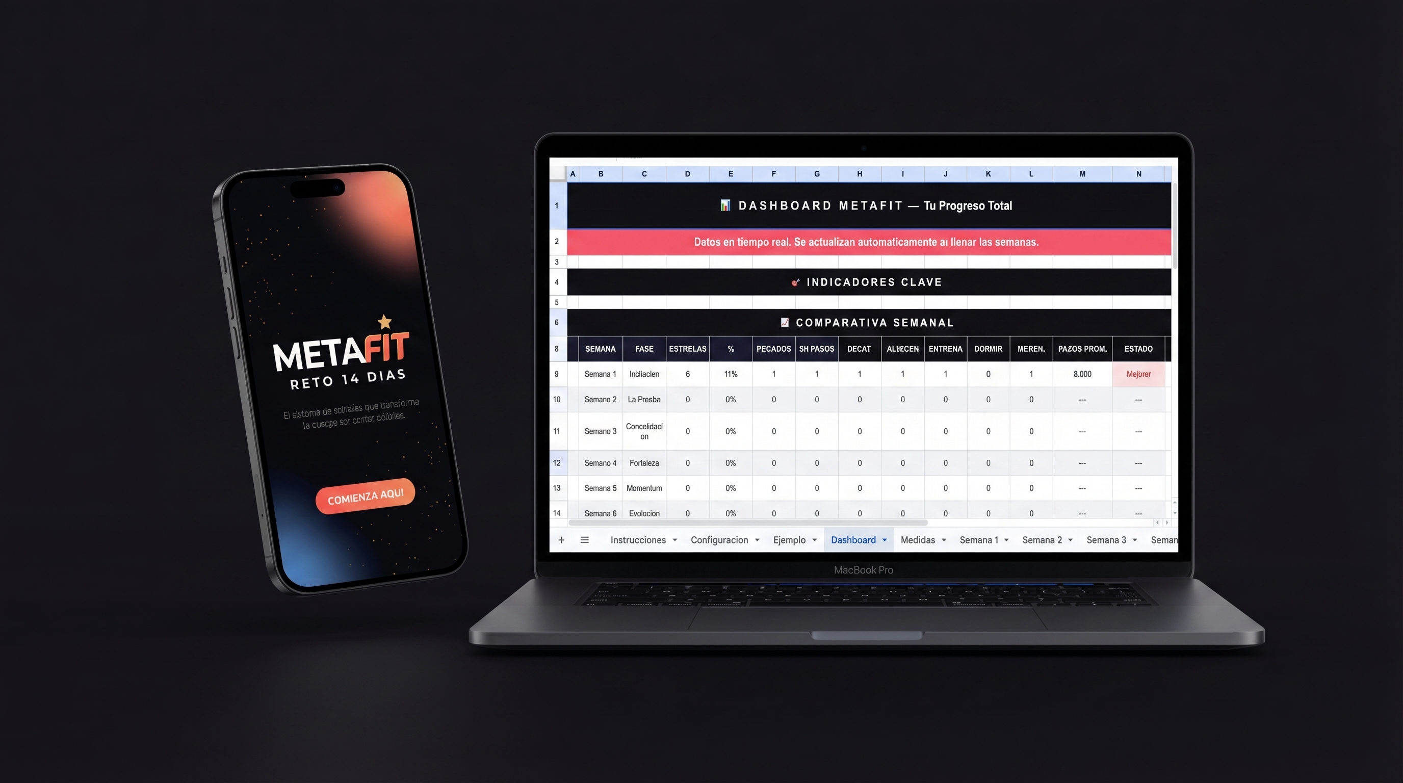 METAFIT Excel Tracker completo con Dashboard y Semana 1