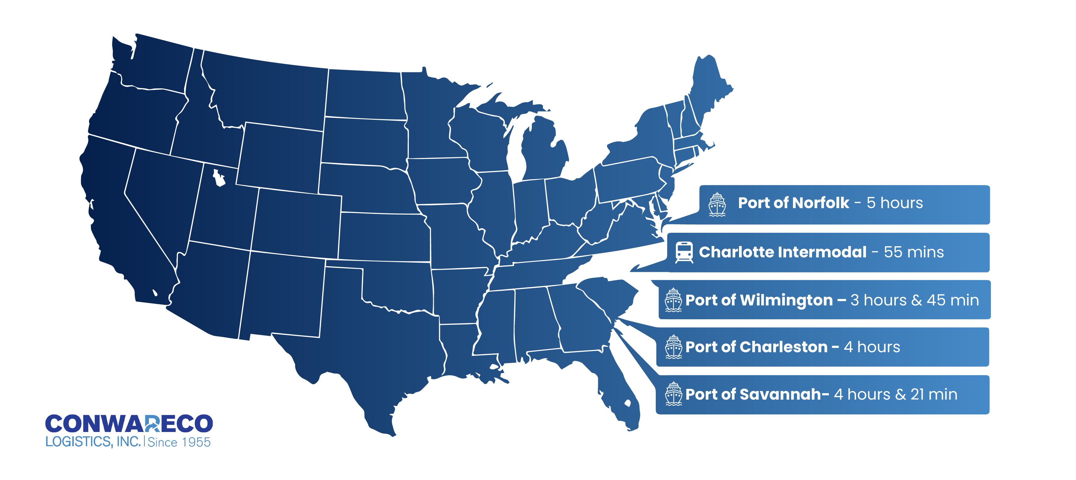 Map showing Conwareco Logistics facility locations in Hickory and Claremont, North Carolina — proximity to I-40, Charlotte, and Eastern US shipping routes