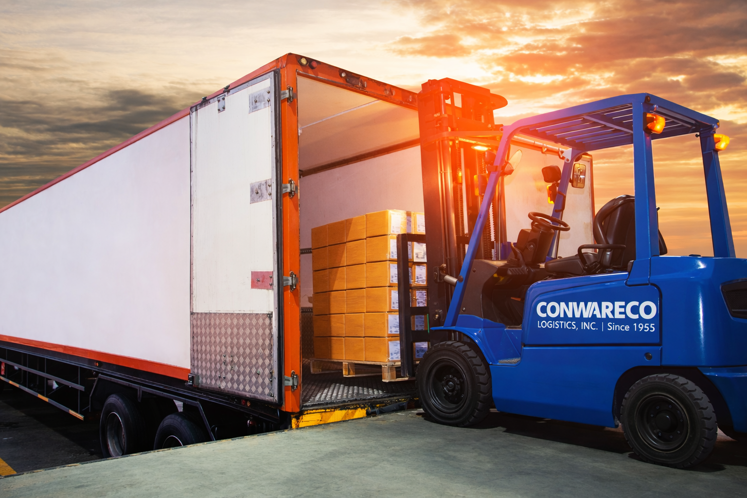 Industrial forklift operator in Conwareco's Hickory, NC 3PL warehouse facility — 320,000 sq ft of storage and fulfillment space