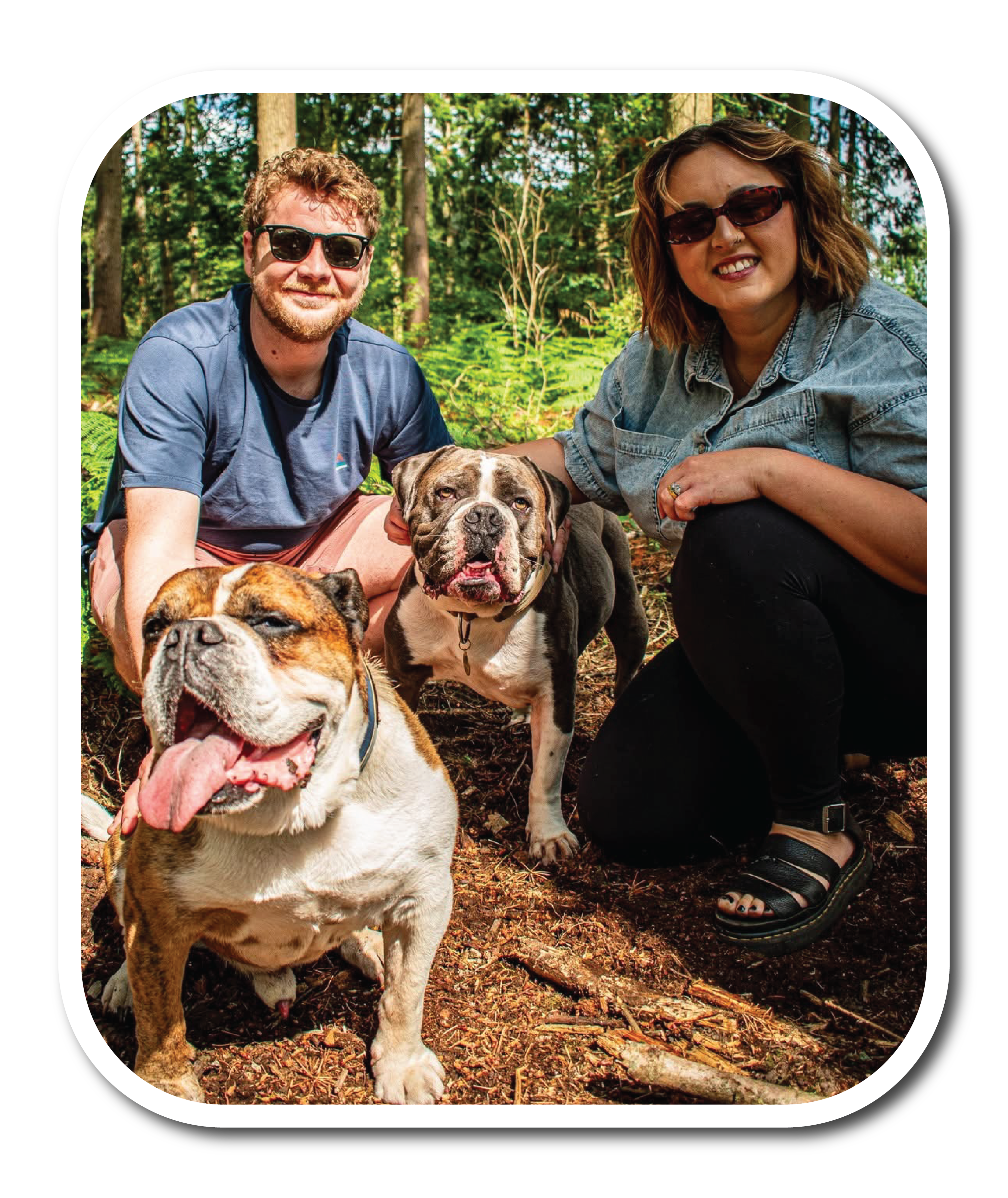 picture of man, woman and two bulldogs