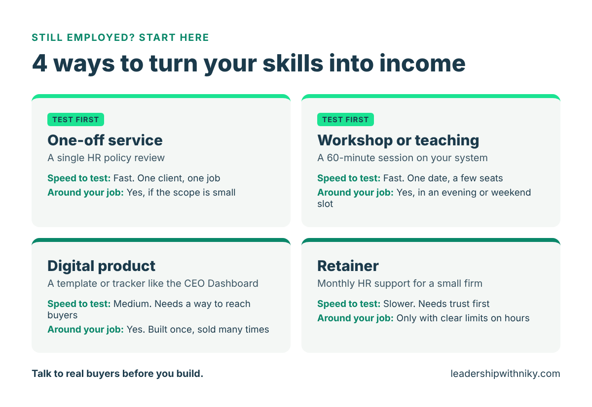 Four ways to turn your skills into income while employed: one-off service, workshop, digital product and retainer, compared by how fast you can test each one and how well it fits around a full-time job