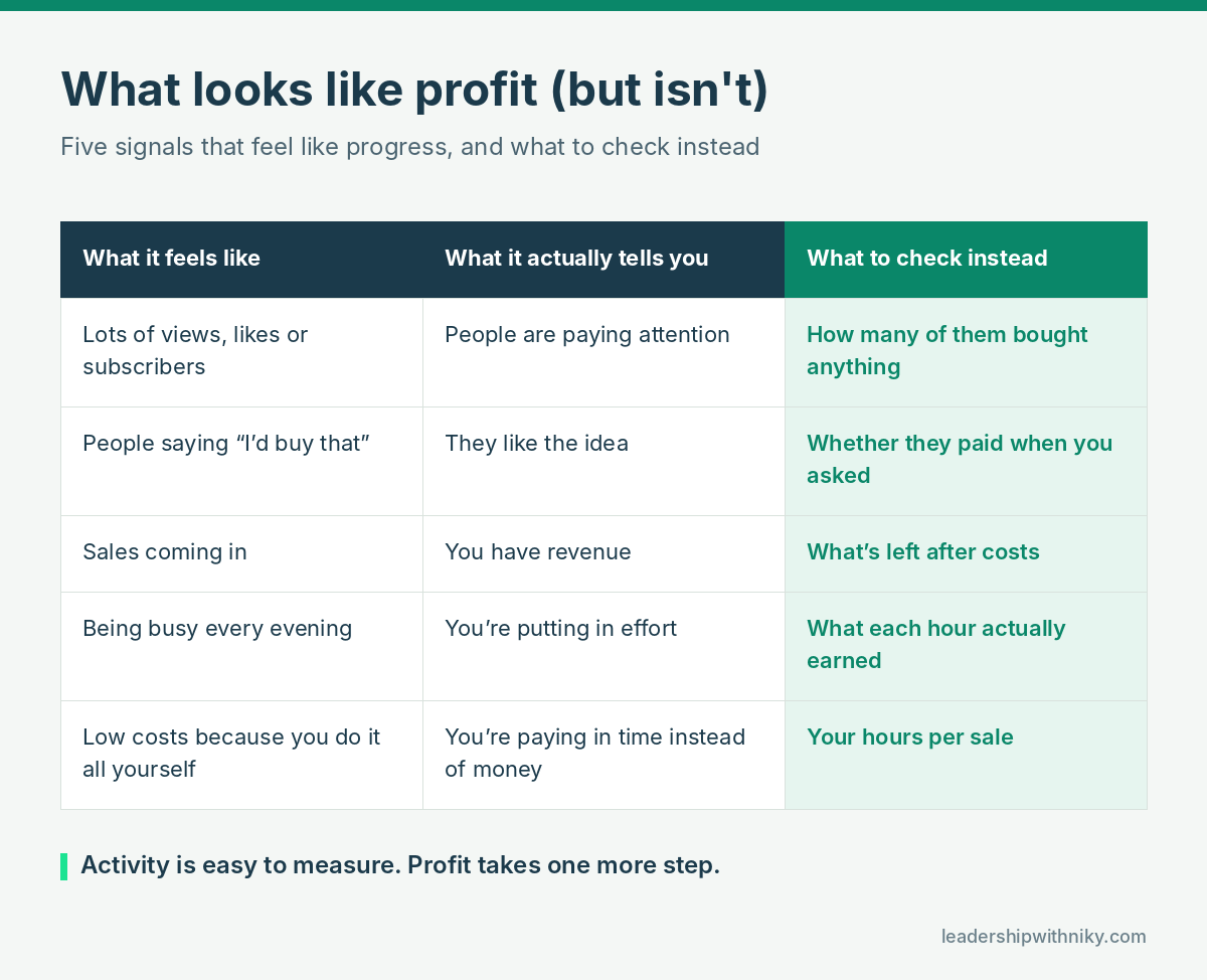 Five signals that feel like profit, such as lots of views or people saying they’d buy, with what each one actually tells you and what to check instead. Keep the text table under it too, so AI crawlers can read it.