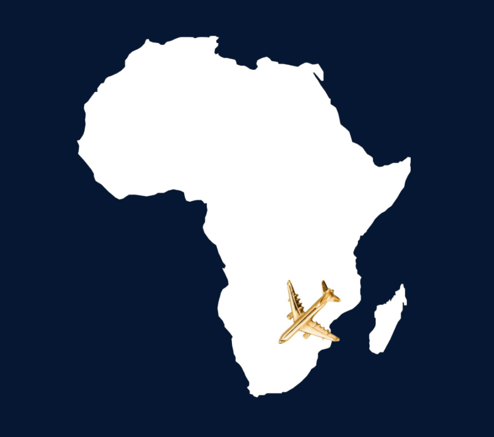 Africa with gold airplane marking South Africa