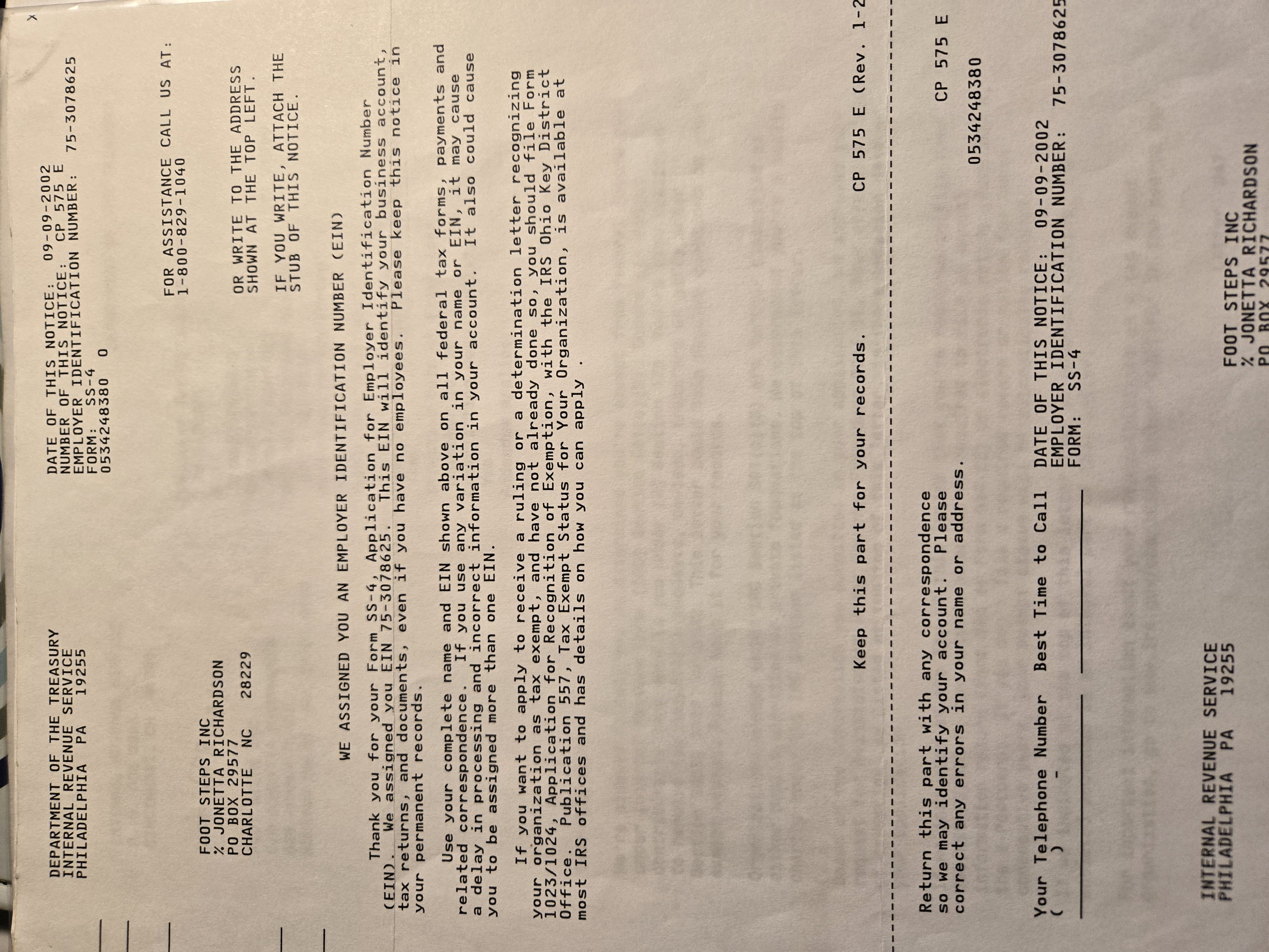 Footsteps Foundation Inc. EIN verification document