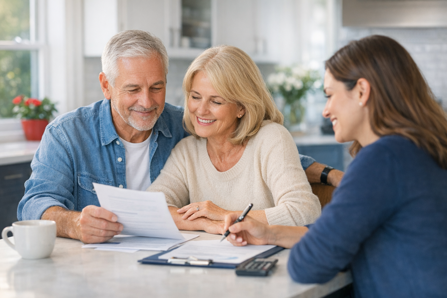 A family reviewing financial planning paperwork at a kitchen table