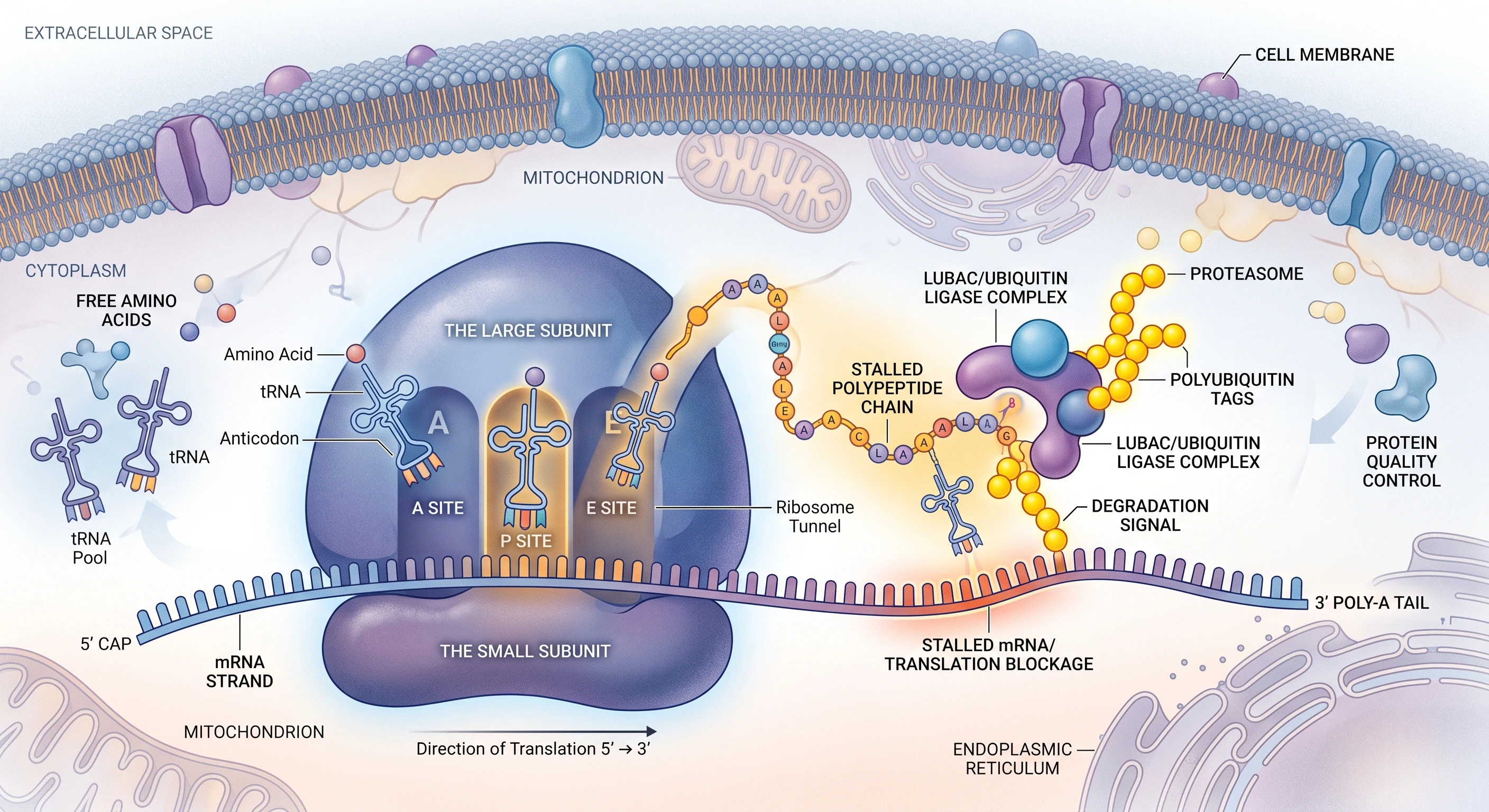 Illustration of ribosome protein quality control and aging process at the cell membrane Illustration of ribosome protein quality control and aging process at the cell membrane