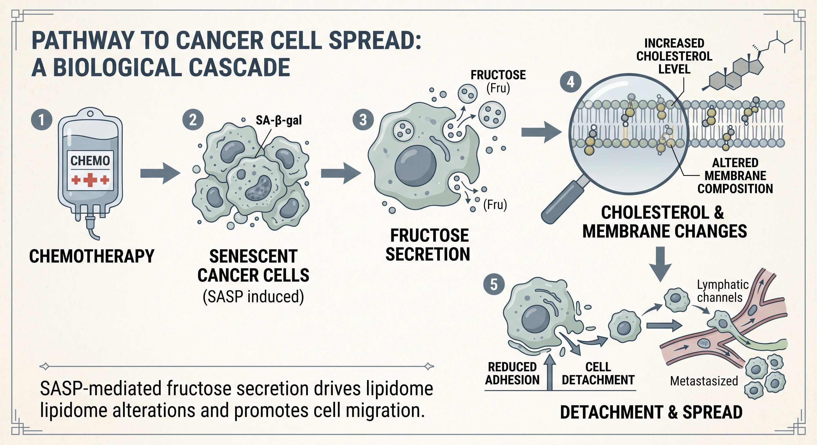 Infographic explaining how fructose secretion from senescent cancer cells is linked to tumor metastasis. Infographic explaining how fructose secretion from senescent cancer cells is linked to tumor metastasis.