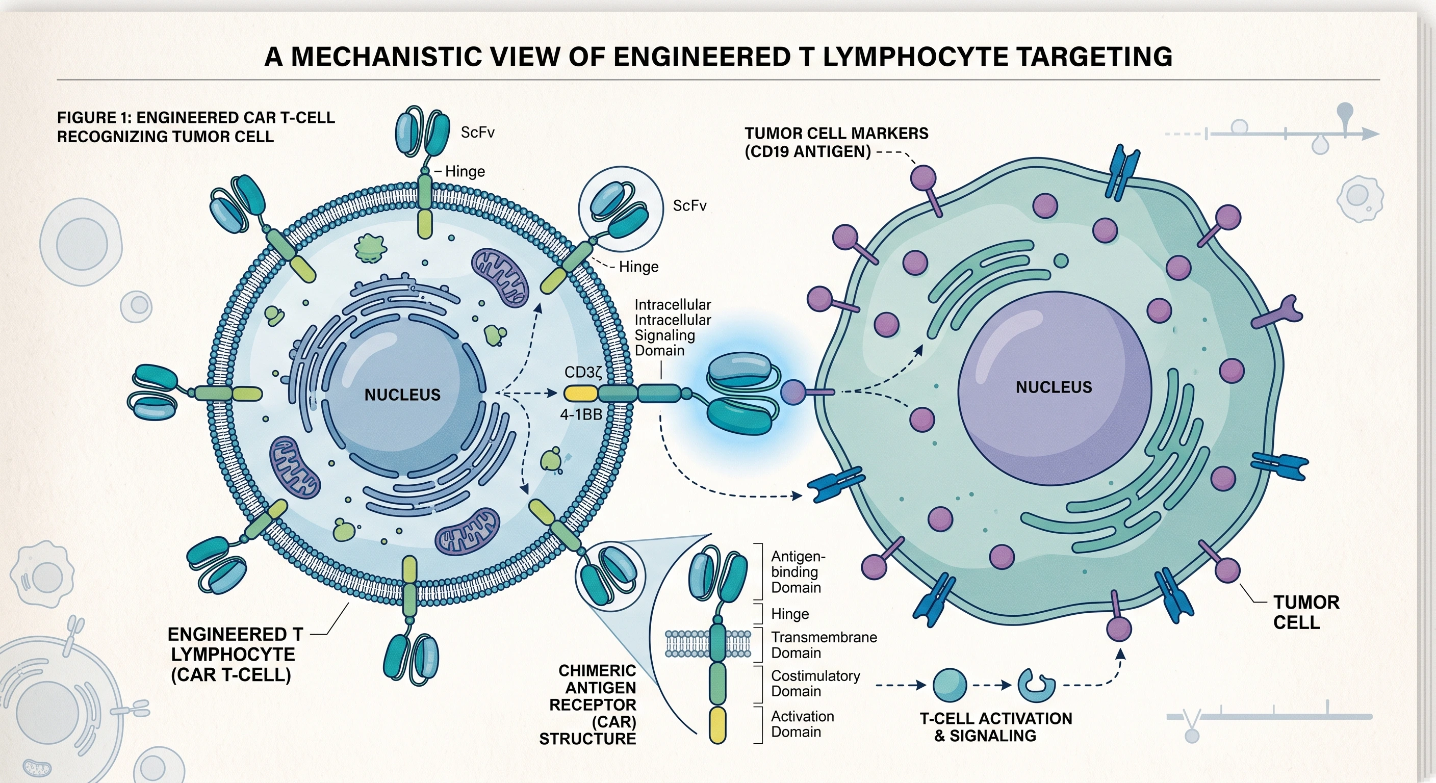 Illustration of a genetically engineered T cell recognizing a kidney tumor cell in personalized cell therapy for kidney cancer. Illustration of a genetically engineered T cell recognizing a kidney tumor cell in personalized cell therapy for kidney cancer.