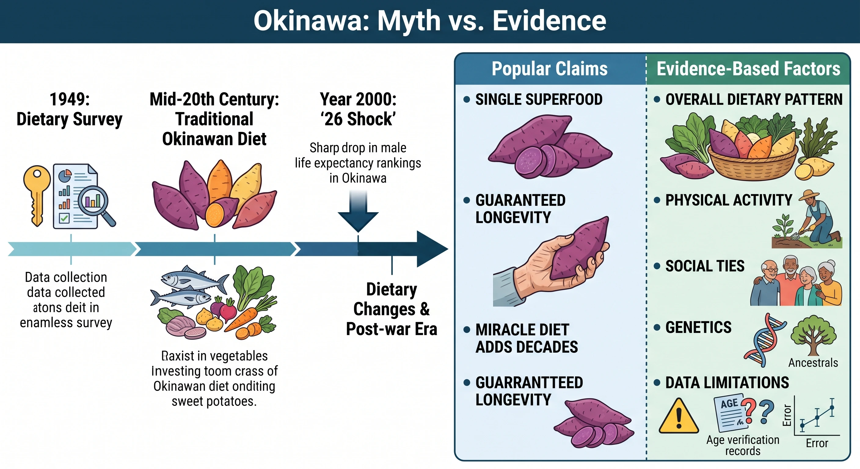 Infographic explaining the Okinawa longevity diet myth, comparing popular sweet potato claims with the scientific evidence on centenarian. Infographic explaining the Okinawa longevity diet myth, comparing popular sweet potato claims with the scientific evidence on centenarian.