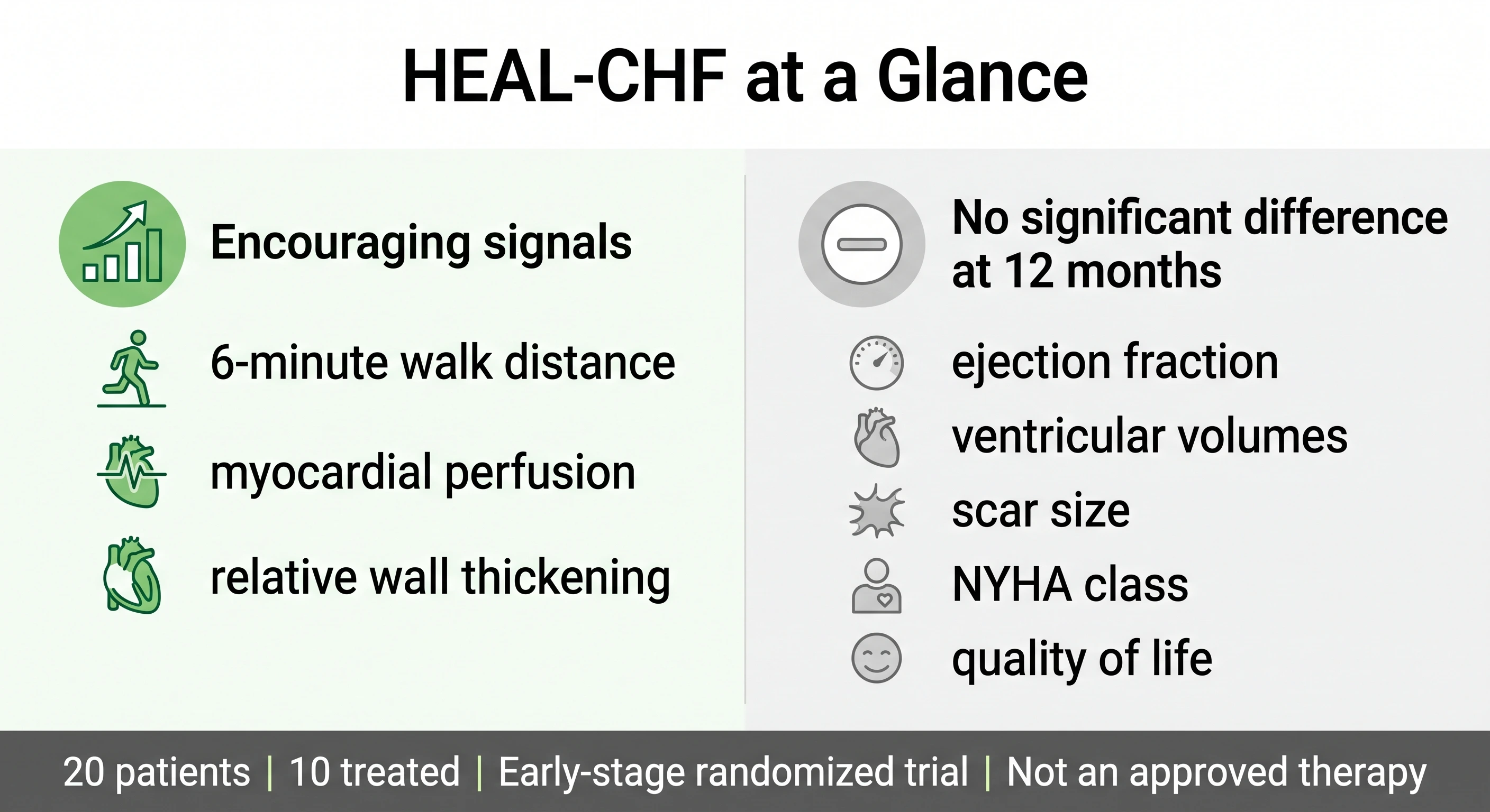 iPSC stem cell therapy heart failure trial results infographic comparing improved and unchanged cardiac outcomes at 12 months.