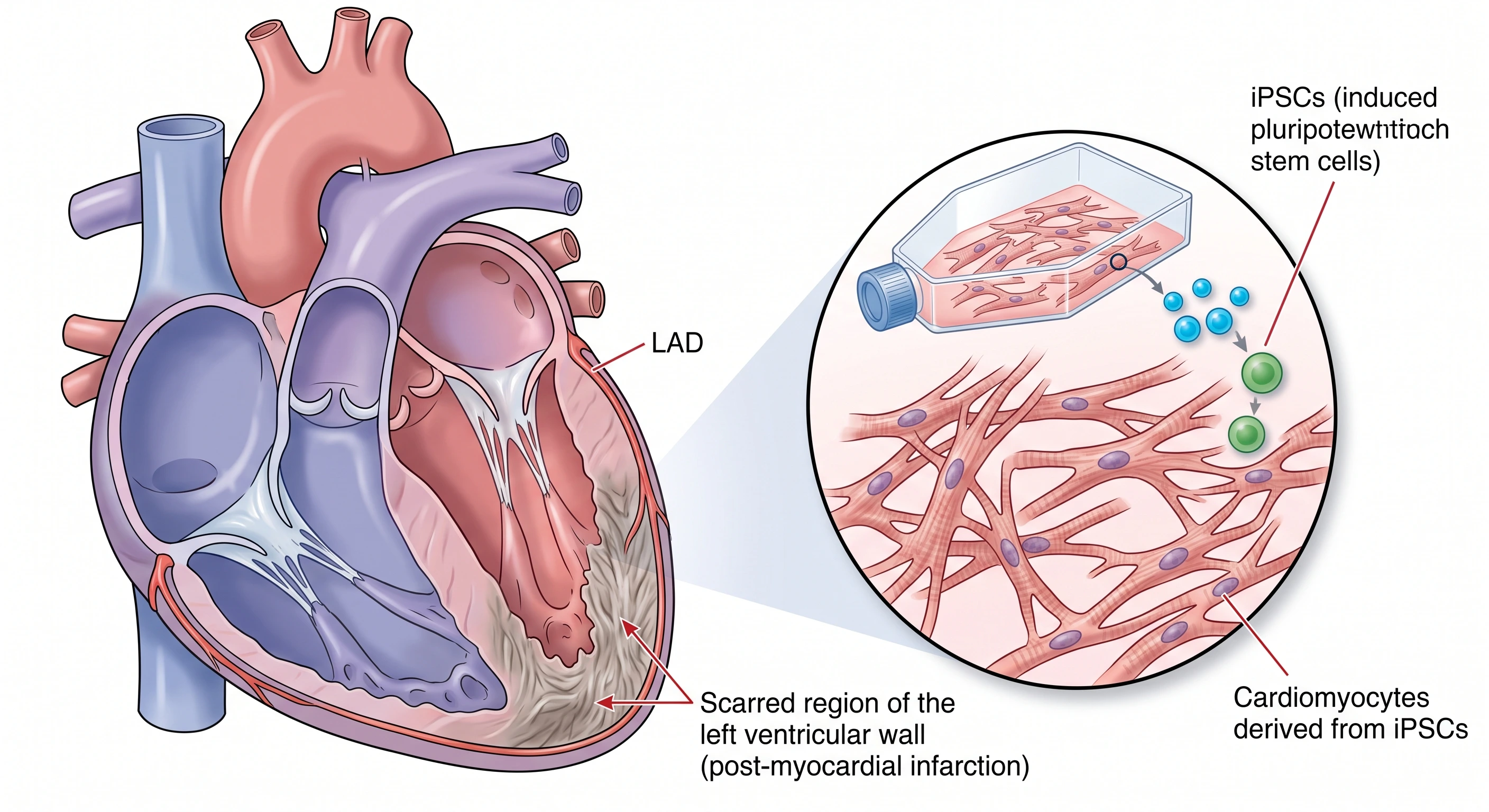 iPSC stem cell therapy heart failure: illustration of lab-grown heart muscle cells targeting scarred myocardium in the left ventricle.