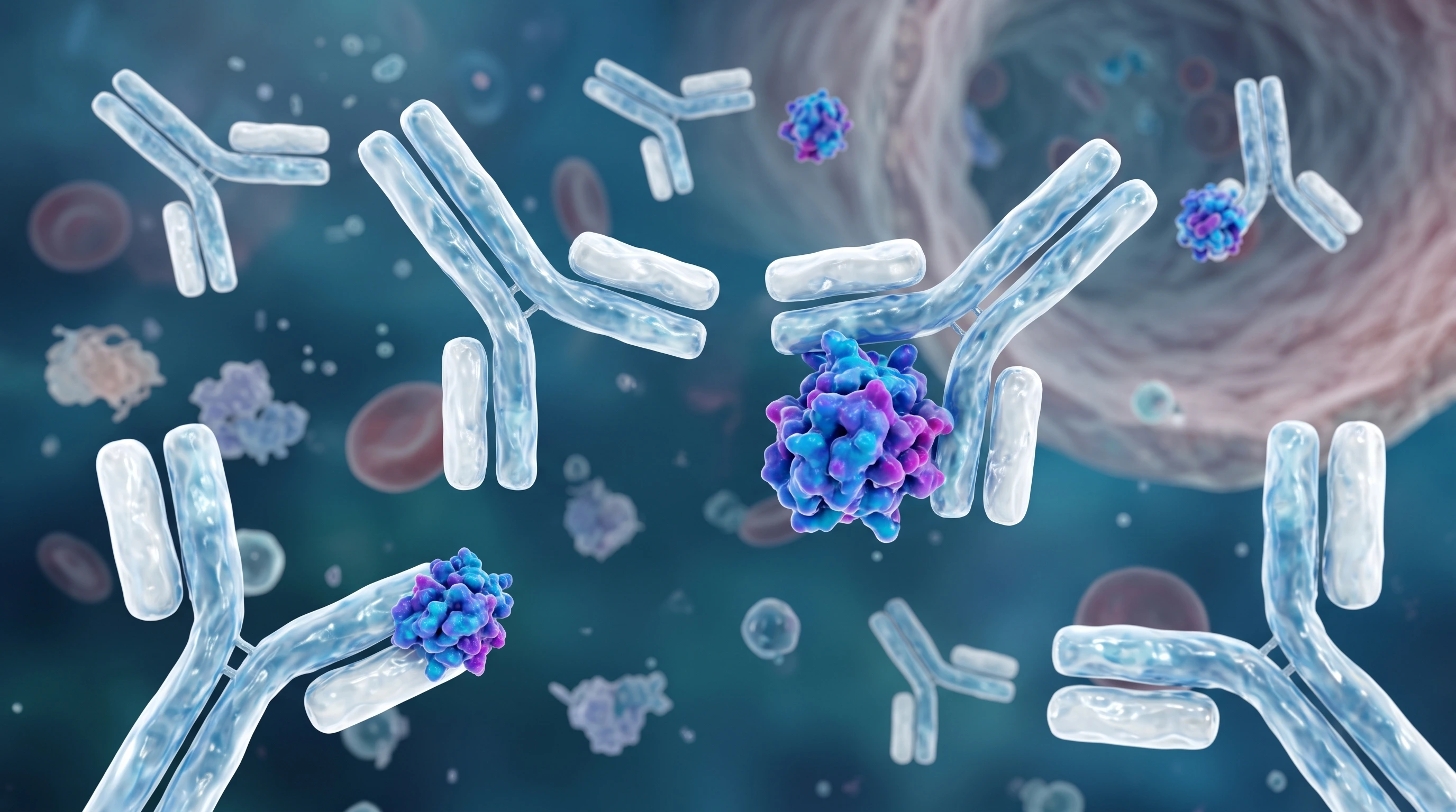 Interleukin-6 antibody binding IL-6 cytokines in the bloodstream, illustrating the inflammation trial mechanism. Interleukin-6 antibody binding IL-6 cytokines in the bloodstream, illustrating the inflammation trial mechanism.