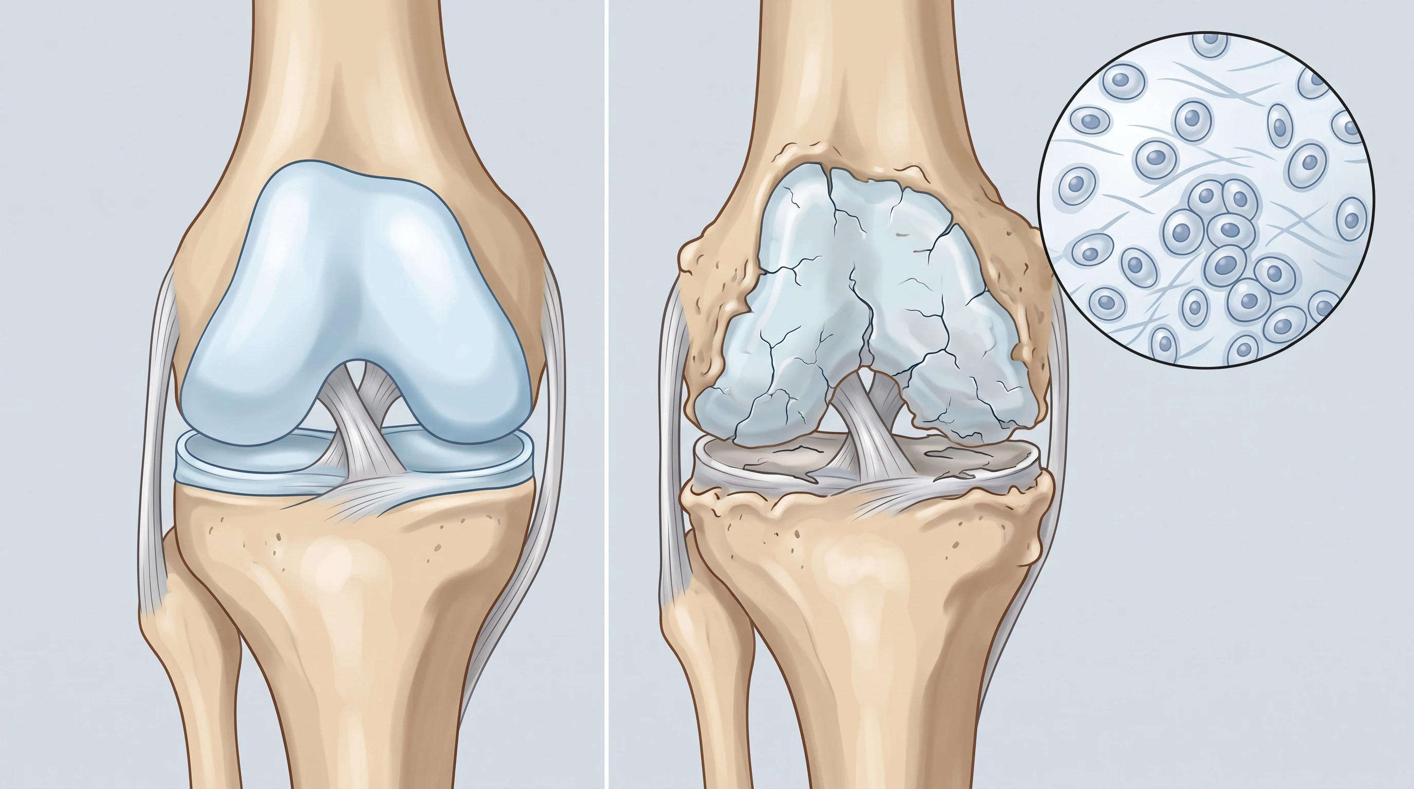 Knee joint illustration comparing healthy and osteoarthritic cartilage, illustrating research on lacosamide osteoarthritis cartilage repair Knee joint illustration comparing healthy and osteoarthritic cartilage, illustrating research on lacosamide osteoarthritis cartilage repair