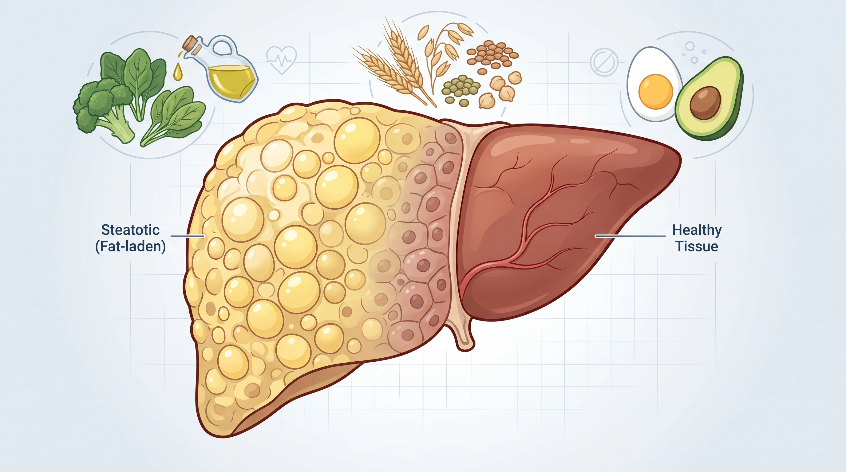Illustration of fatty liver versus healthy liver tissue representing research on ketogenic diet, liver fat, and metabolic health Illustration of fatty liver versus healthy liver tissue representing research on ketogenic diet, liver fat, and metabolic health