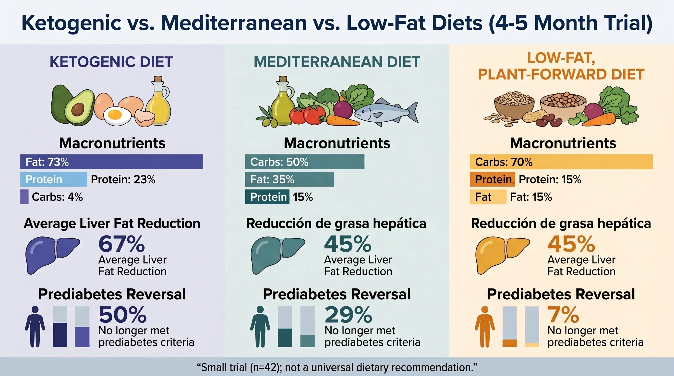 Infographic comparing ketogenic, Mediterranean, and low-fat diets and their effects on liver fat and metabolic health in a clinical trial Infographic comparing ketogenic, Mediterranean, and low-fat diets and their effects on liver fat and metabolic health in a clinical trial