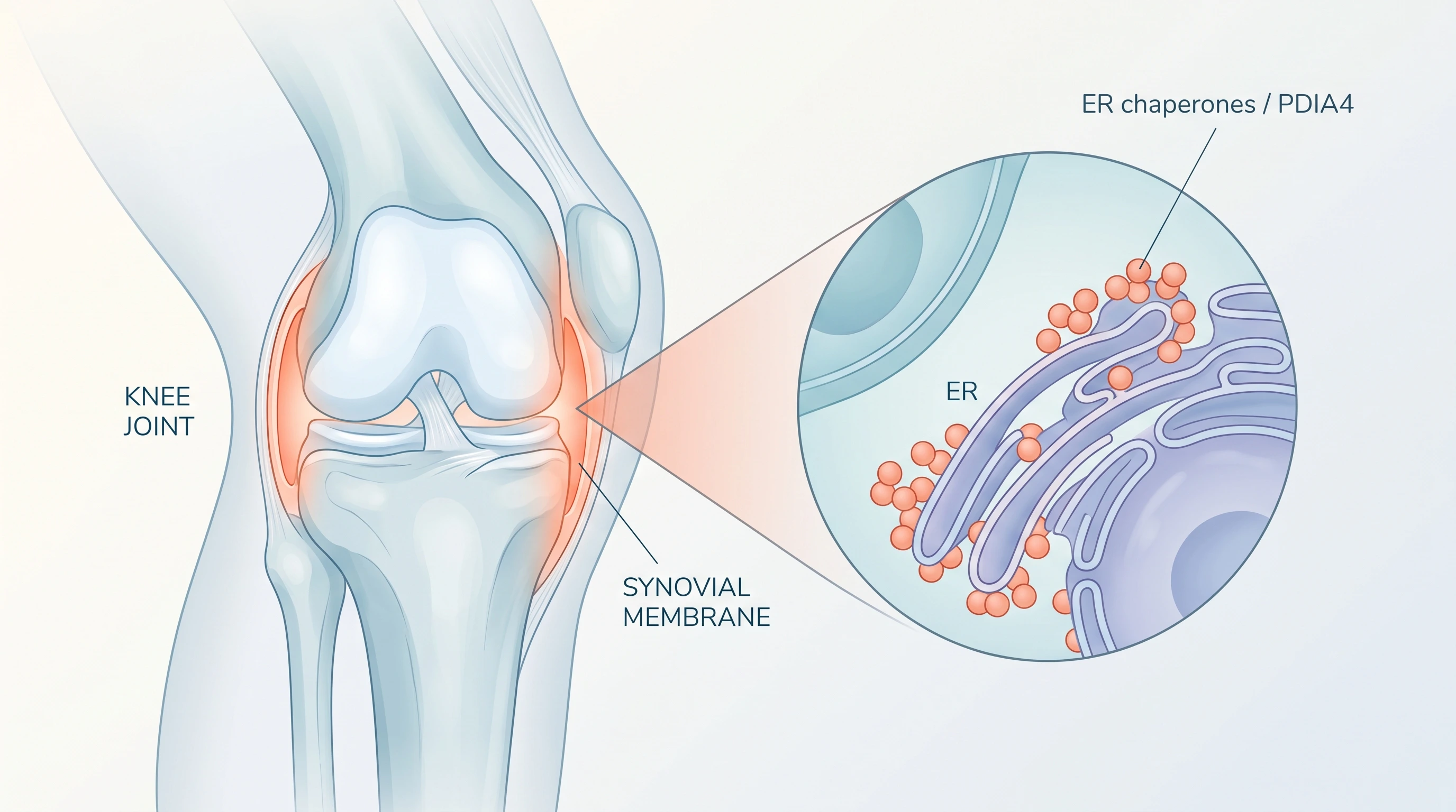 Illustration of ER stress proteins and joint inflammation in the synovial membrane of an osteoarthritic knee Illustration of ER stress proteins and joint inflammation in the synovial membrane of an osteoarthritic knee