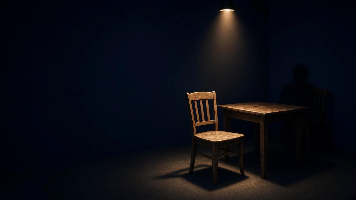 An empty wooden chair under a single light, facing a shadowed figure across a bare table