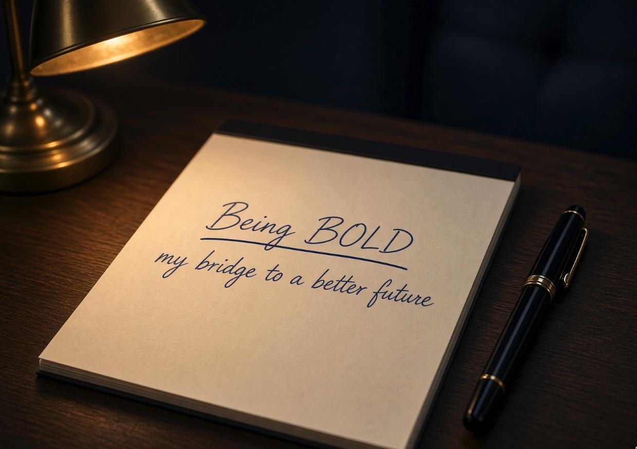 A notepad under a desk lamp with two lines written in ink: Being BOLD, underlined, and my bridge to a better future