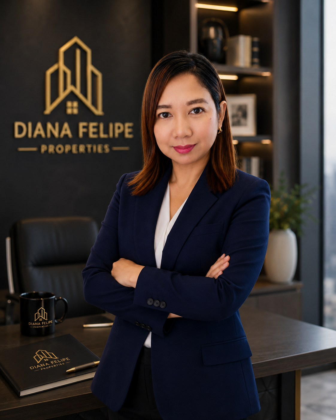 Diana, standing in her office in front of the Diana Felipe Properties signage