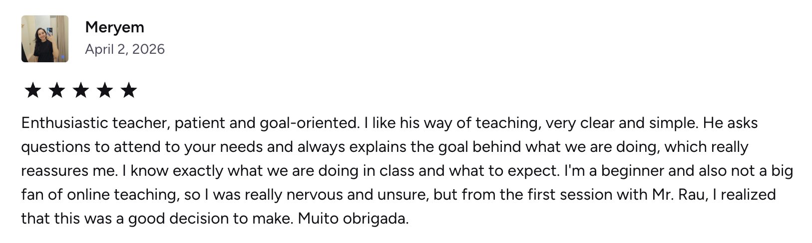 Meryem's verified Preply review of Rau