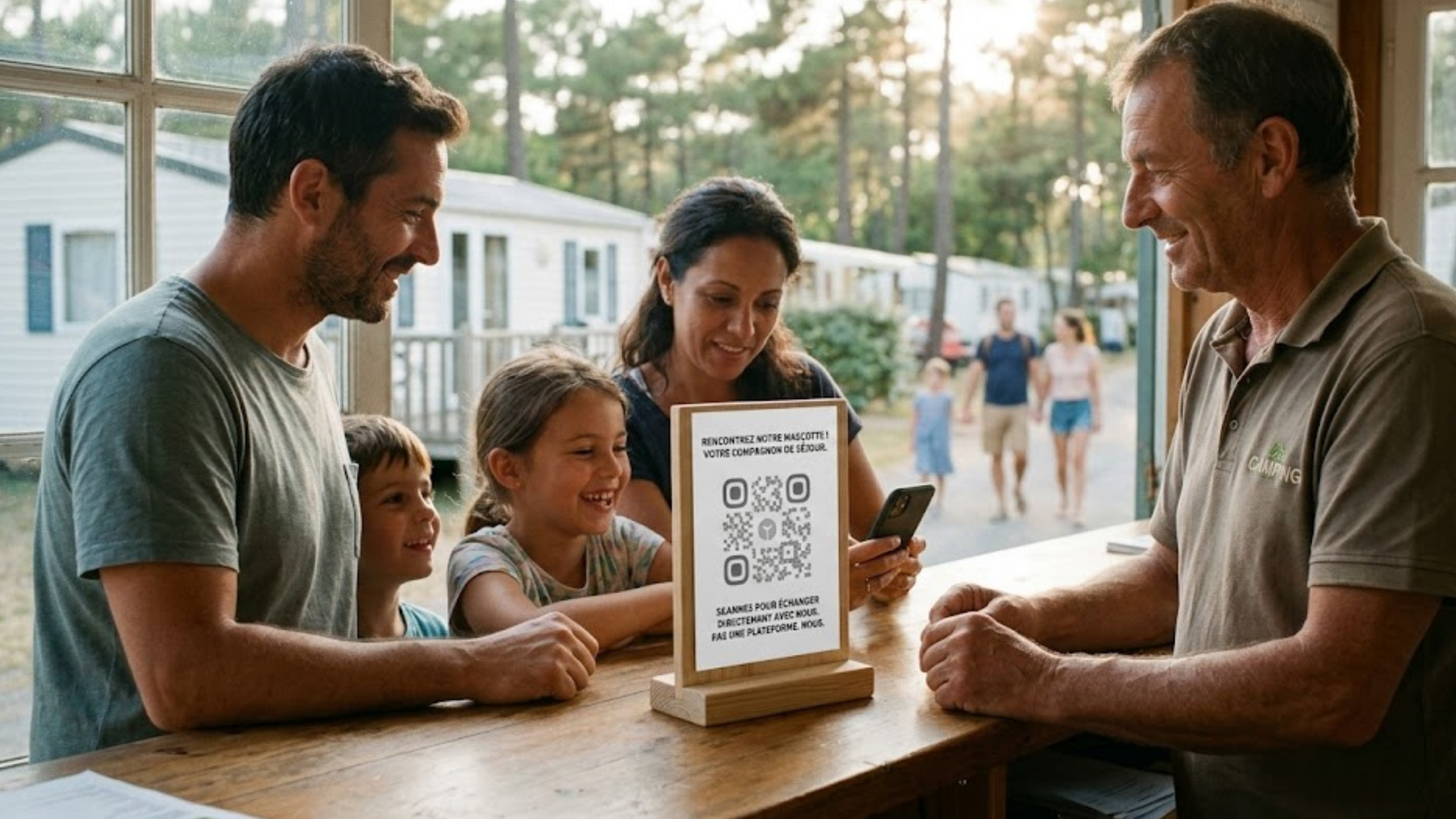 Famille scannant le QR code Fluxa à la réception