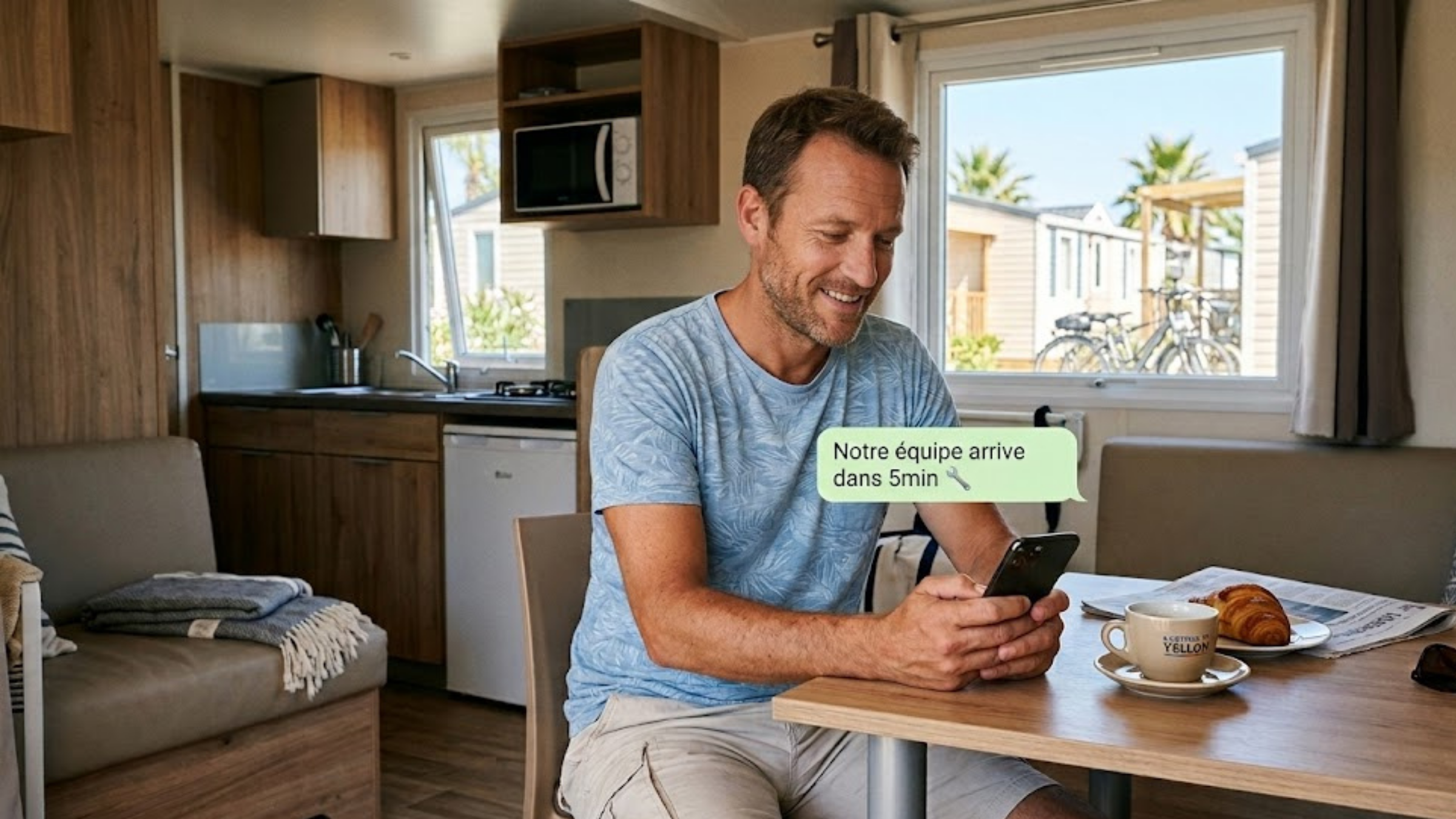 Vacancier soulagé avec réponse WhatsApp instantanée