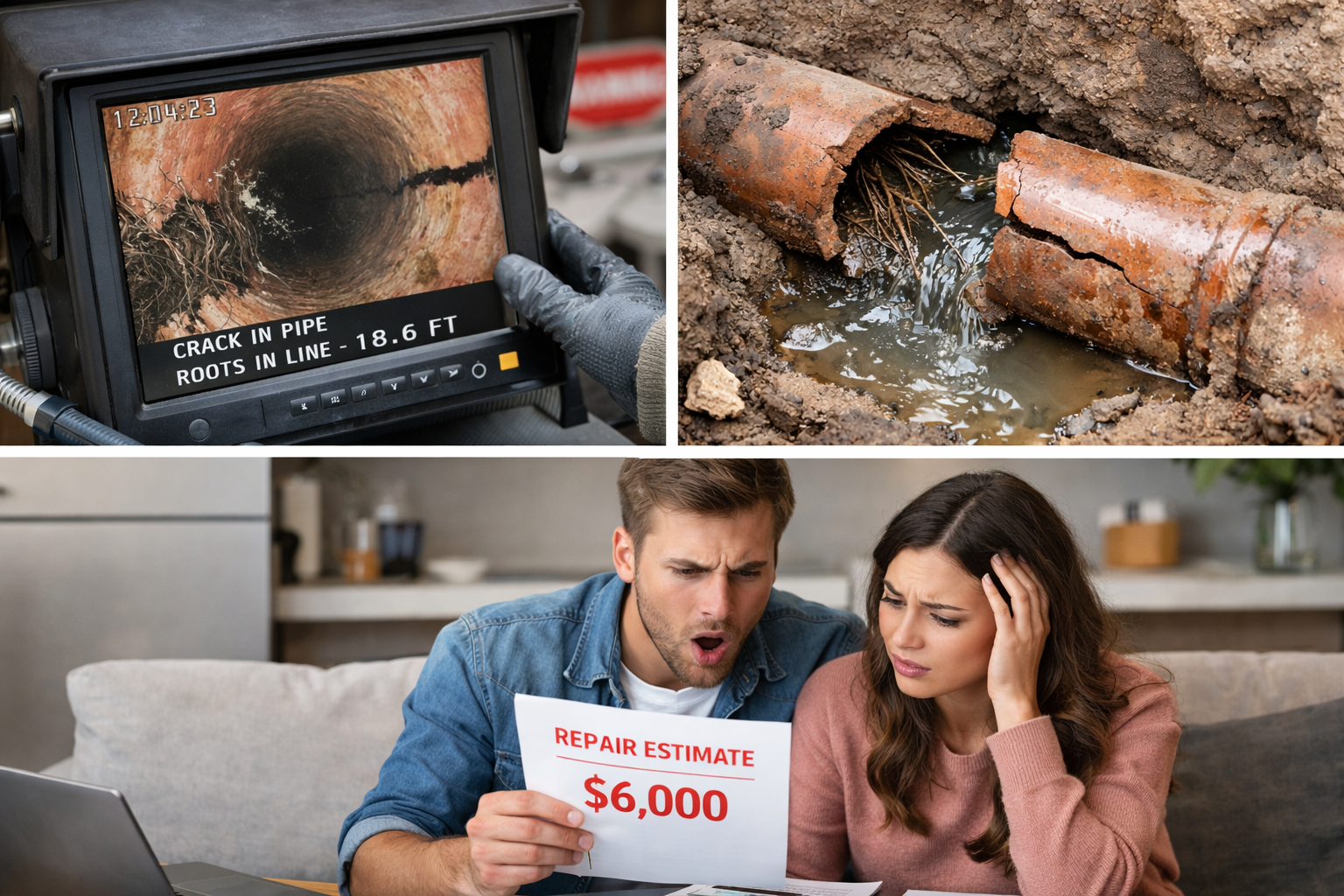 Sewer scope inspection showing cracked sewer line that could lead to costly home repairs