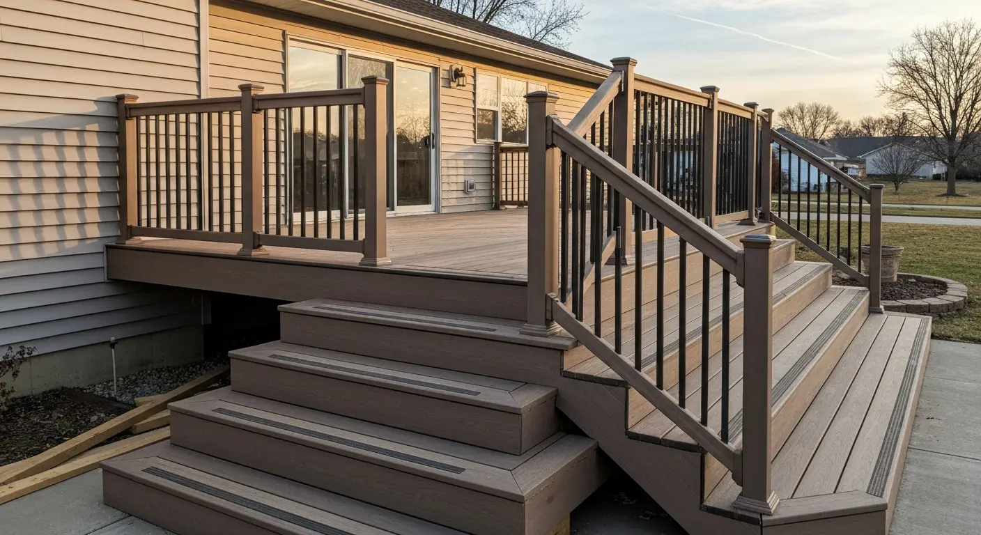Composite deck with integrated stairs and railings