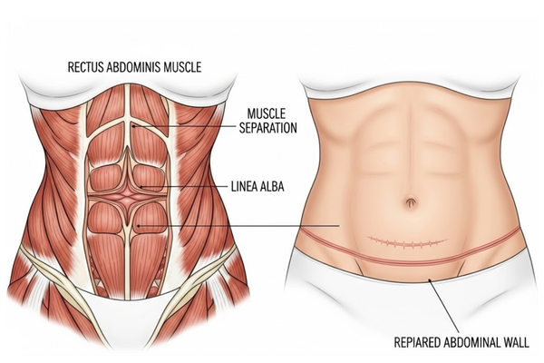 Anatomía de la diástasis de rectos y resultado de reparación abdominal postparto.
