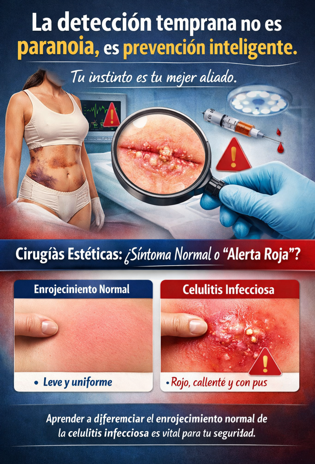Diagrama de infección vs cicatrización normal en cirugía estética.