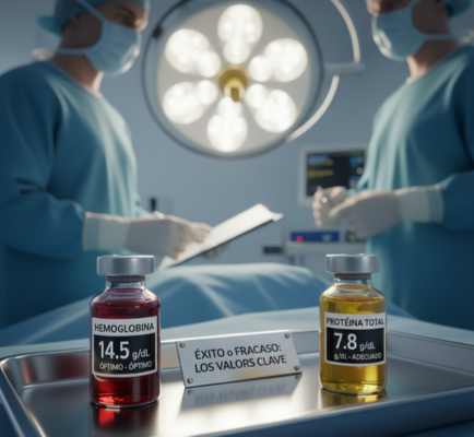 Frascos de laboratorio mostrando niveles óptimos de hemoglobina y proteína total para una cirugía segura