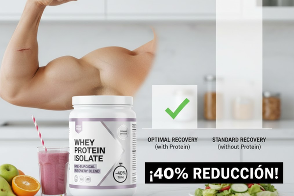 Bote de proteína aislada junto a un gráfico que muestra un 40% de reducción en el tiempo de recuperación post-quirúrgica