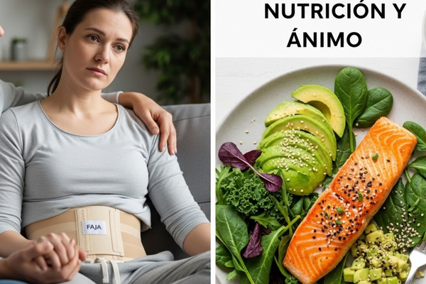 Mujer en postoperatorio recibiendo apoyo emocional de un acompañante mientras usa su faja de compresión. Mujer en postoperatorio recibiendo apoyo emocional de un acompañante mientras usa su faja de compresión.