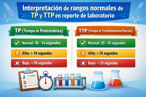Interpretación de rangos normales de TP y TTP en reporte de laboratorio.
