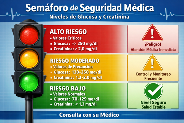 Semáforo de seguridad médica basado en niveles de glucosa y creatinina.