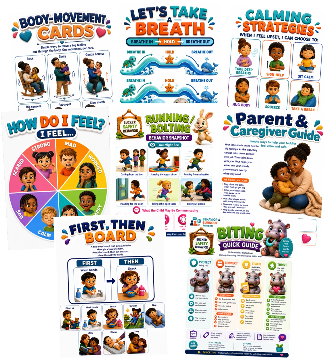 Eight printable pages from the Behavior and Burnout Toolkit
