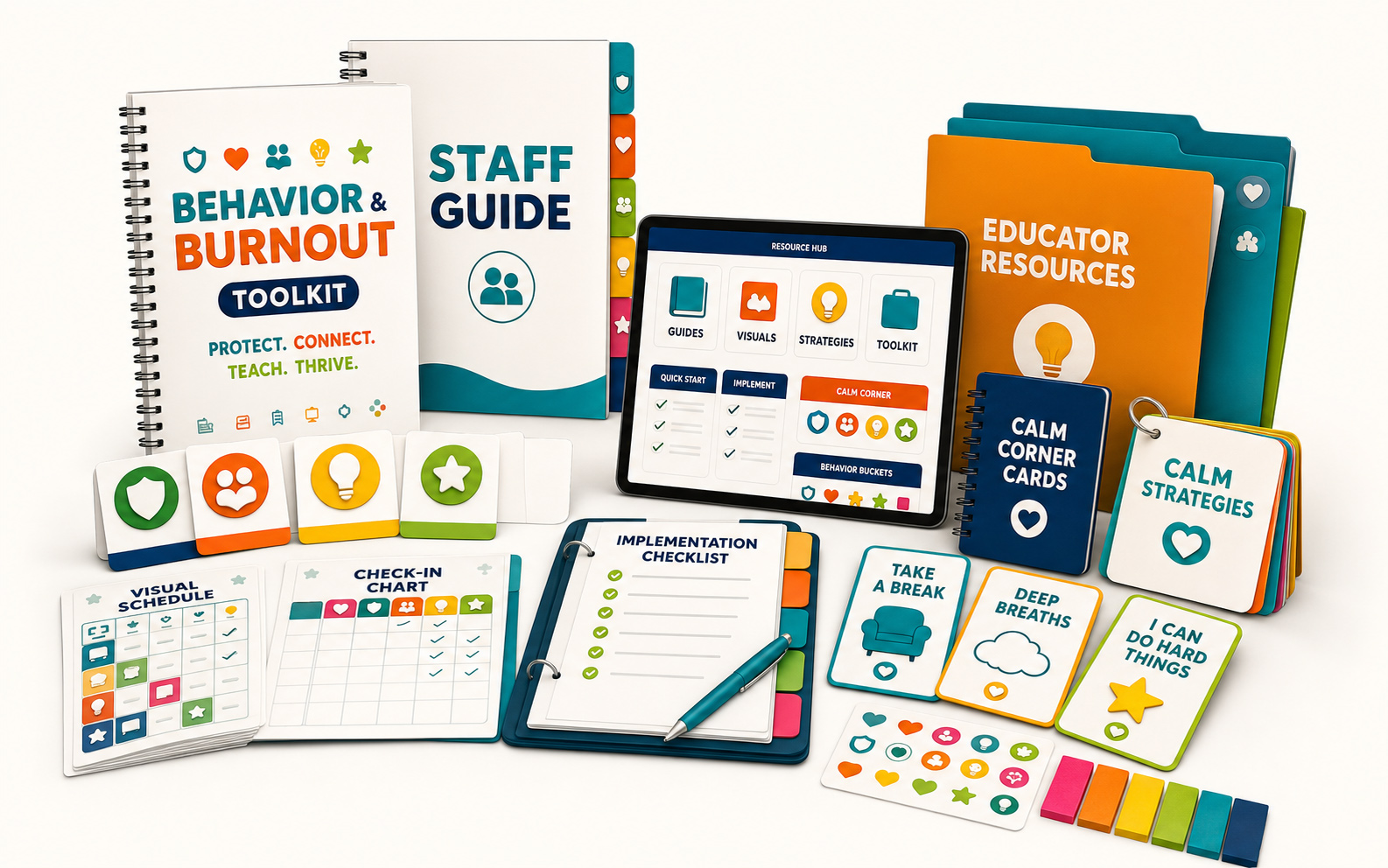 Behavior and Burnout Toolkit product spread with guides, cards, checklists, and resource hub