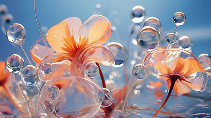 Dreamy close-up of delicate orange flowers surrounded by floating clear bubbles against a soft blue background Dreamy close-up of delicate orange flowers surrounded by floating clear bubbles against a soft blue background