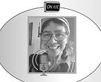 Black-and-white photo of a smiling woman in glasses speaking into a podcast microphone, beneath an “ON AIR” sign Black-and-white photo of a smiling woman in glasses speaking into a podcast microphone, beneath an “ON AIR” sign