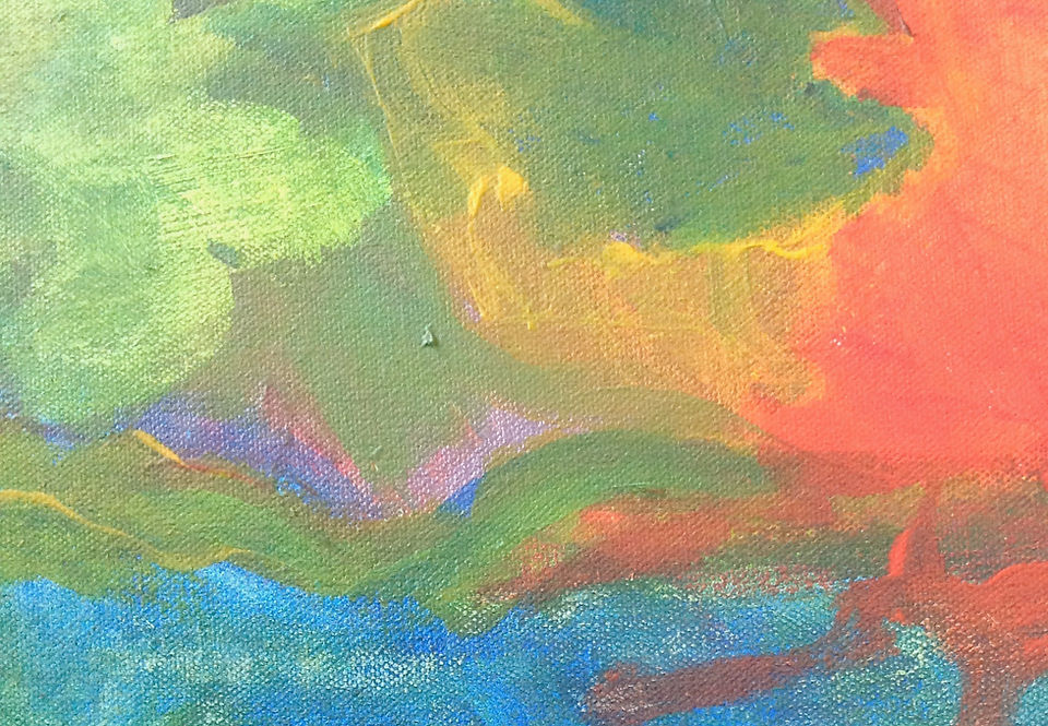 Close-up of a textured abstract painting with soft greens, a bold orange-red glow, touches of violet and a band of bright blue Close-up of a textured abstract painting with soft greens, a bold orange-red glow, touches of violet and a band of bright blue