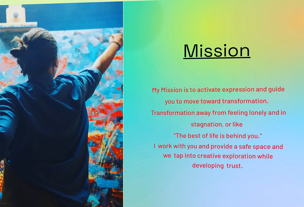 Artist painting a large blue and red abstract canvas beside the text: “My Mission is to activate expression and guide you to move toward transformation. Transformation away from feeling lonely and in stagnation, or like ‘The best of life is behind you.’ I work with you and provide a safe space and we tap into creative exploration while developing trust.” Artist painting a large blue and red abstract canvas beside the text: “My Mission is to activate expression and guide you to move toward transformation. Transformation away from feeling lonely and in stagnation, or like ‘The best of life is behind you.’ I work with you and provide a safe space and we tap into creative exploration while developing trust.”