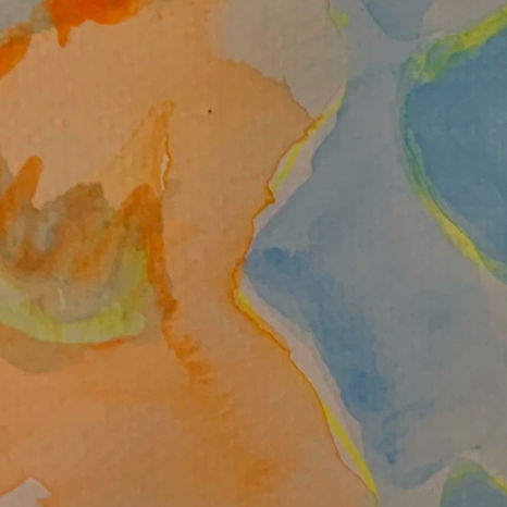 Close-up of an intuitive watercolor painting with soft peach and orange washes meeting flowing sky-blue shapes, edged with glowing lines of yellow and lime green Close-up of an intuitive watercolor painting with soft peach and orange washes meeting flowing sky-blue shapes, edged with glowing lines of yellow and lime green