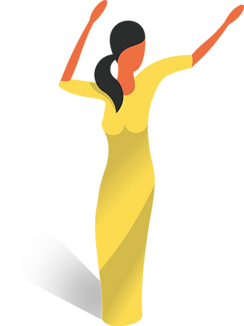 Illustration of a woman with a dark ponytail in a long yellow dress, raising both arms in celebration Illustration of a woman with a dark ponytail in a long yellow dress, raising both arms in celebration