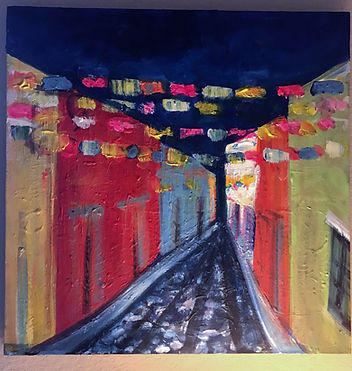 Expressive painting of a cobblestone street at night lined with colorful red, yellow and green buildings, with strings of bright papel picado banners stretched overhead against a deep navy sky Expressive painting of a cobblestone street at night lined with colorful red, yellow and green buildings, with strings of bright papel picado banners stretched overhead against a deep navy sky