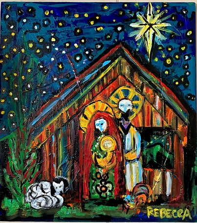 Colorful expressive nativity painting by Rebecca Guevara Wingler showing Mary holding baby Jesus and Joseph with golden halos in a red wooden stable, with a lamb, a rooster and a bright star in a dotted blue night sky Colorful expressive nativity painting by Rebecca Guevara Wingler showing Mary holding baby Jesus and Joseph with golden halos in a red wooden stable, with a lamb, a rooster and a bright star in a dotted blue night sky