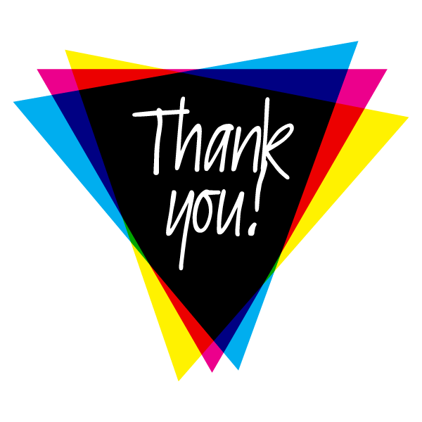 Handwritten white “Thank you!” text on a black triangle layered with overlapping blue, pink, red and yellow triangles Handwritten white “Thank you!” text on a black triangle layered with overlapping blue, pink, red and yellow triangles