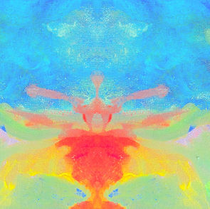 Symmetrical abstract artwork with soft blue sky tones above and glowing orange, yellow and green shapes below, resembling an inkblot or mirrored figure Symmetrical abstract artwork with soft blue sky tones above and glowing orange, yellow and green shapes below, resembling an inkblot or mirrored figure