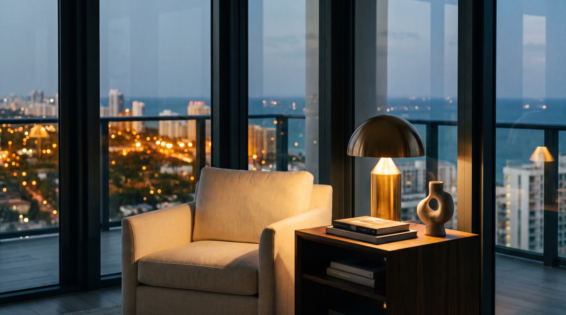 Salón de un ático de Miami al anochecer, con la ciudad iluminada al fondo