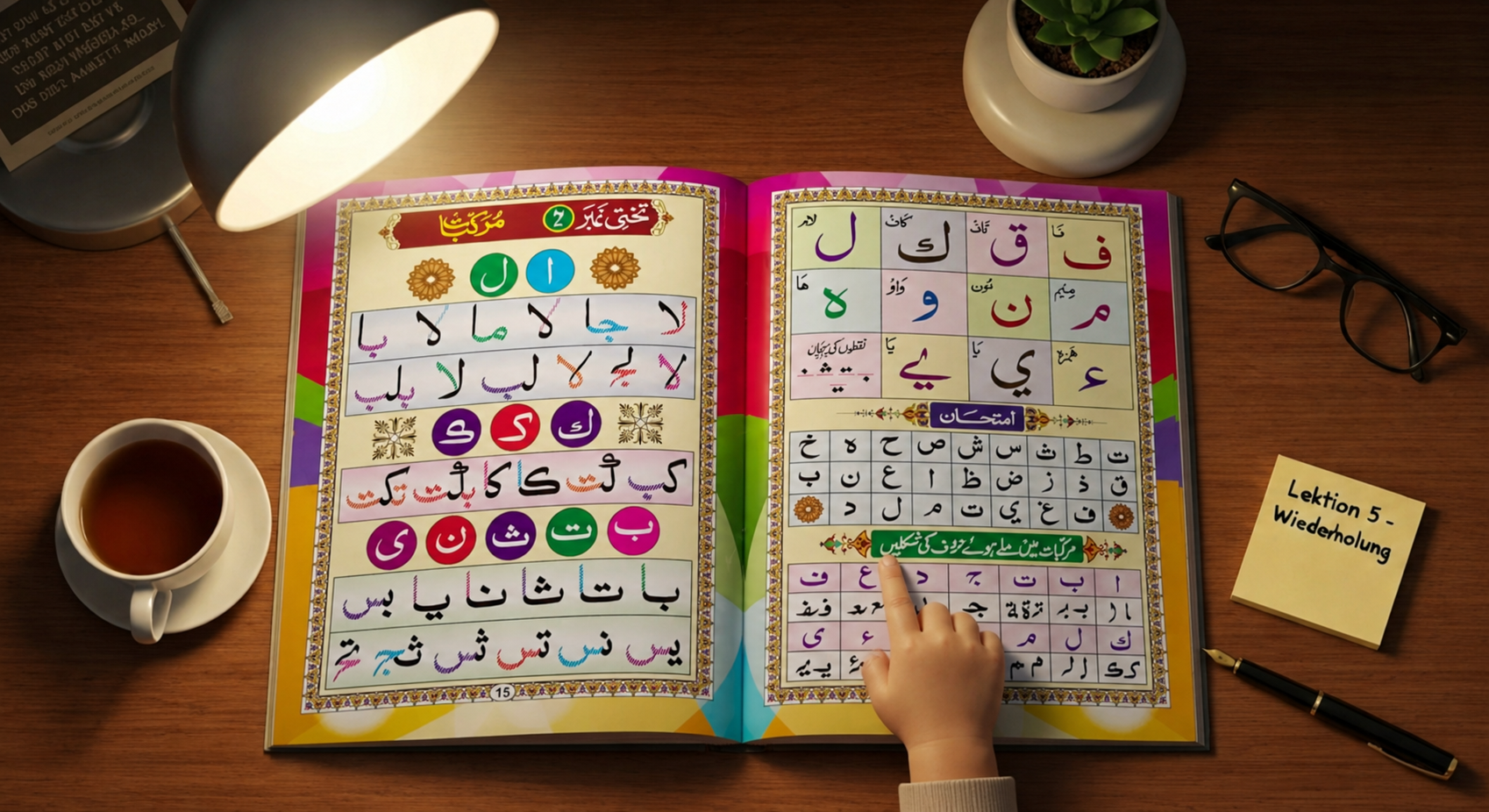 Kind zeigt auf arabische Buchstaben in der Noorani Qaida