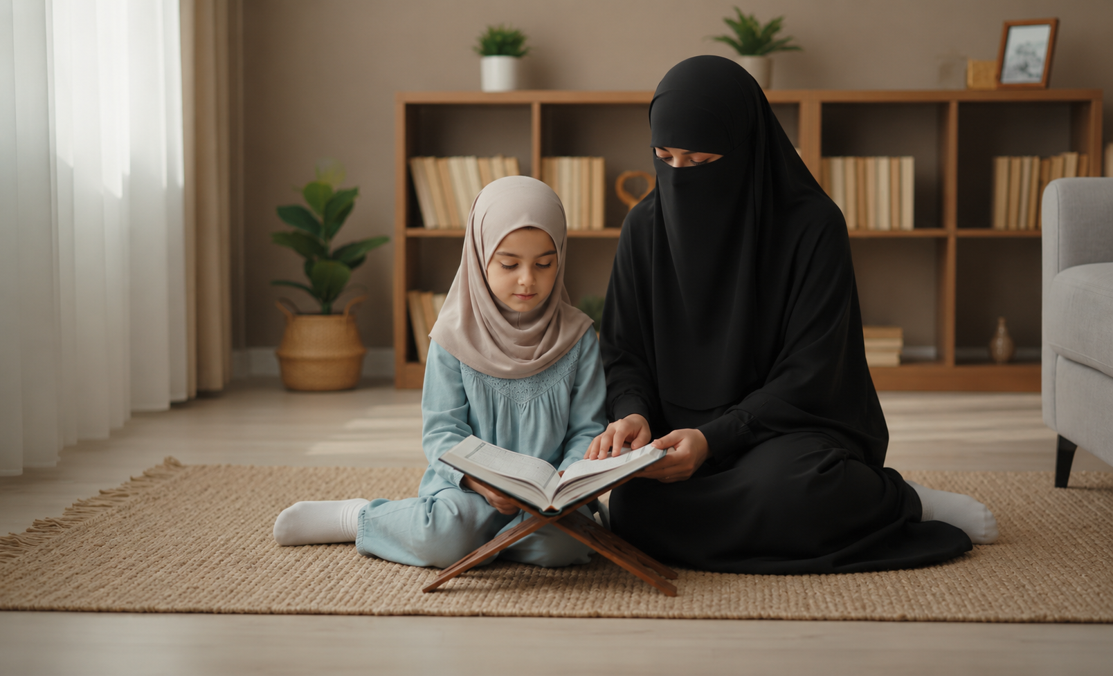 Mutter und Tochter lesen gemeinsam im Koran auf einem Teppich